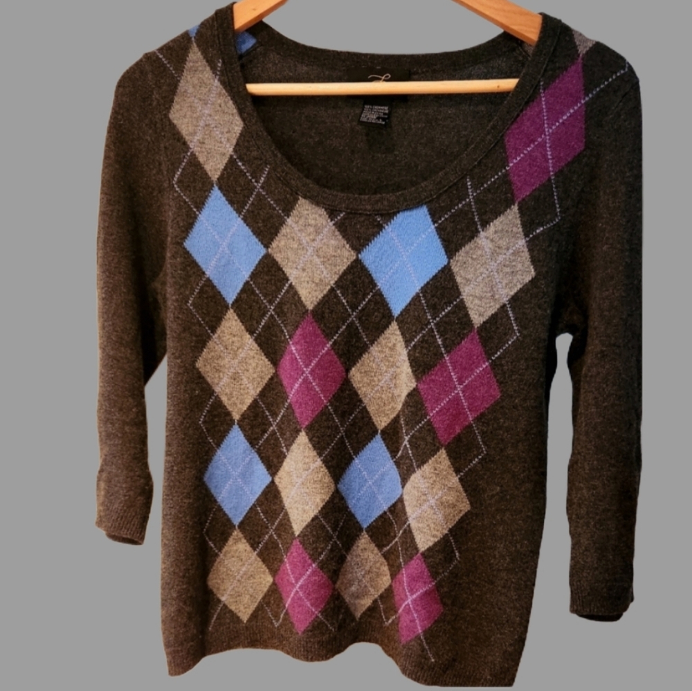L Pure Cashmere Argyle Pattern‎ Women's Sweater Cozy 3/4 Length Sleeve